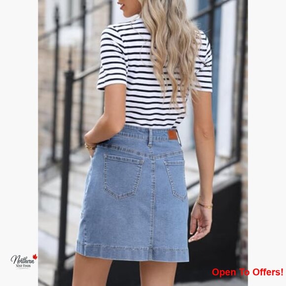 Denim Mini Skirt High Waisted Stretch Casual with Pockets - Picture 6 of 6